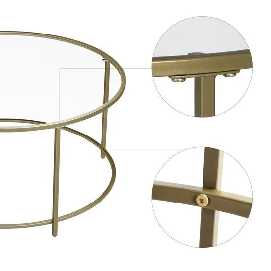 Nancy's Salontafel - Ronde Glazen Tafel - Gouden Ijzeren Frame