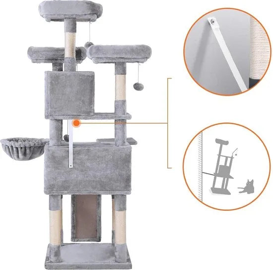 Nancy's XL Krabpaal voor katten - Kattenboom - 3 platforms - Grijs - 55 x 55 x 172 cm