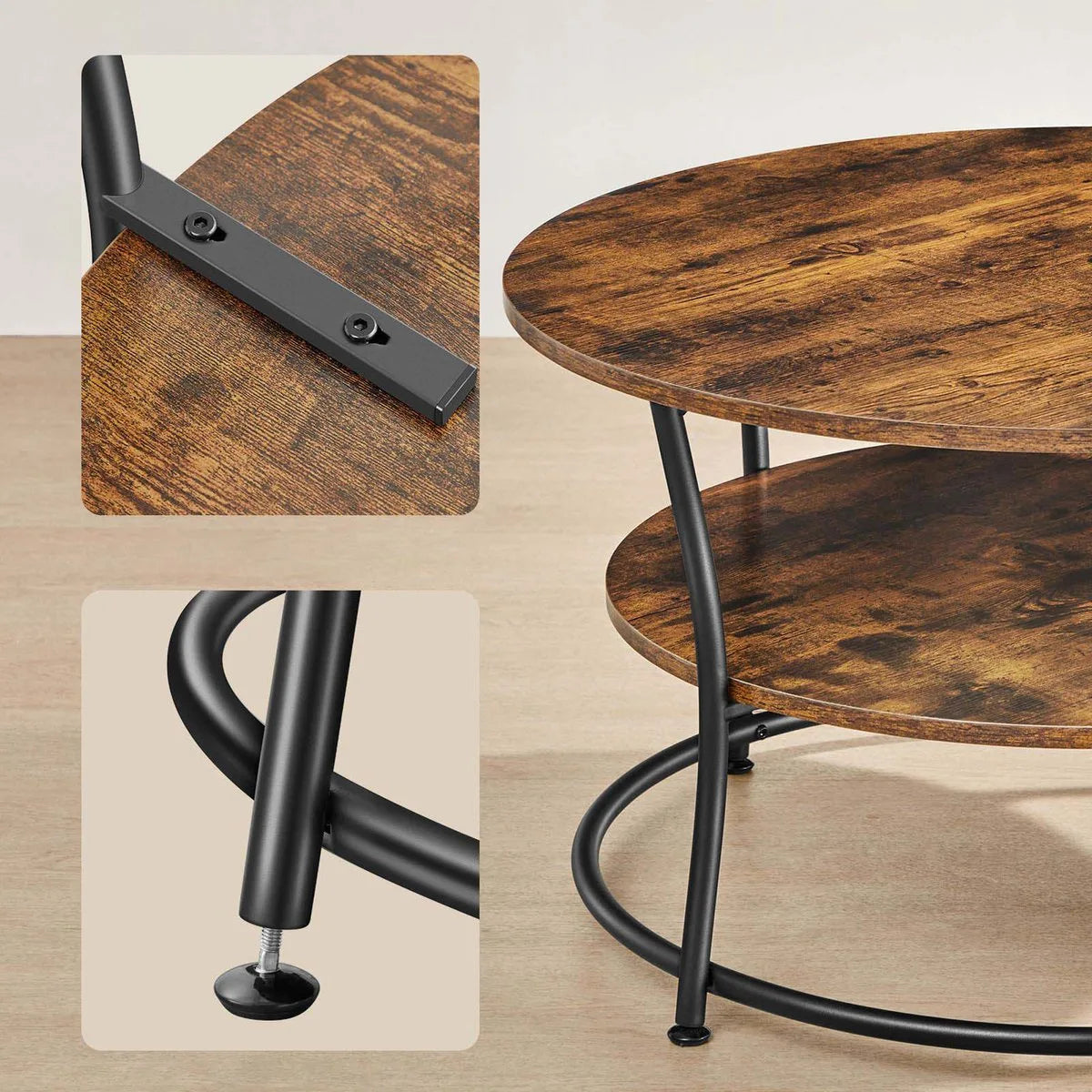Ohana DT - Salontafel Rond - Ronde Salontafel - Salontafels Rond - Ø 80 cm - Eenvoudige Montage - Ruime Opbergruimte - Vintage Bruin