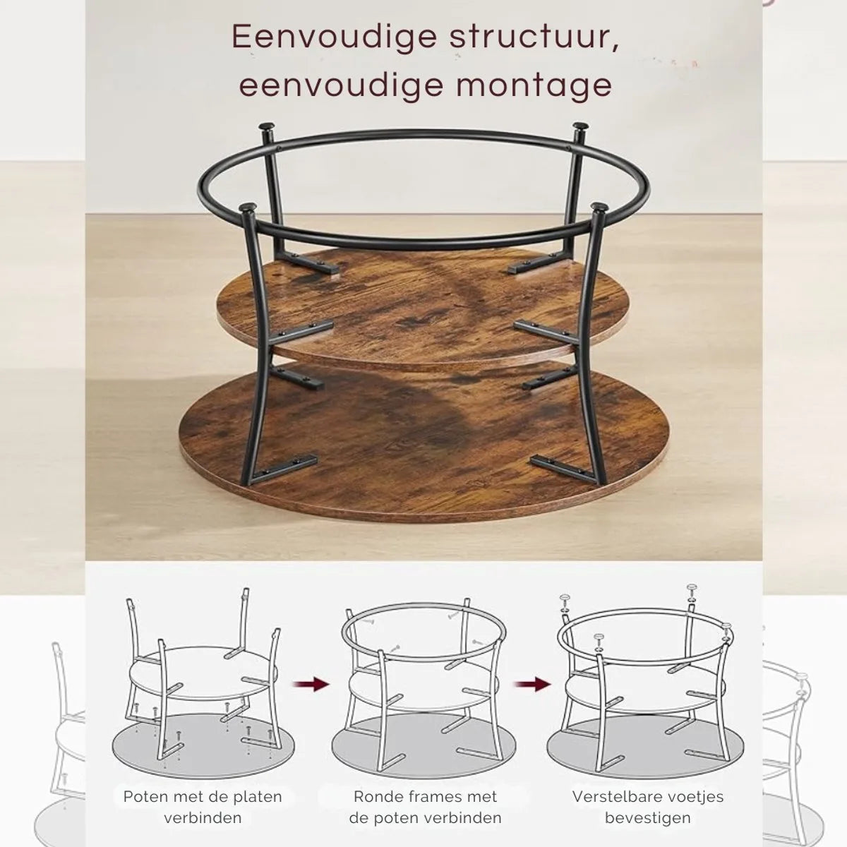 Ohana DT - Salontafel Rond - Ronde Salontafel - Salontafels Rond - Ø 80 cm - Eenvoudige Montage - Ruime Opbergruimte - Vintage Bruin