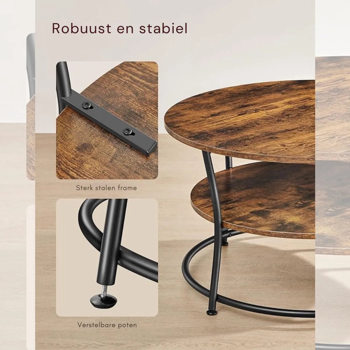 Ohana DT - Salontafel Rond - Ronde Salontafel - Salontafels Rond - Ø 80 cm - Eenvoudige Montage - Ruime Opbergruimte - Vintage Bruin