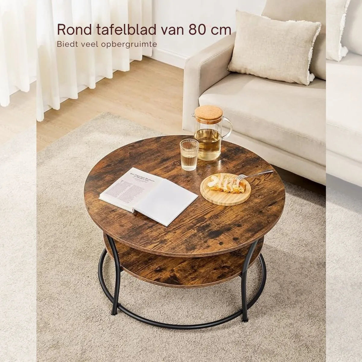 Ohana DT - Salontafel Rond - Ronde Salontafel - Salontafels Rond - Ø 80 cm - Eenvoudige Montage - Ruime Opbergruimte - Vintage Bruin