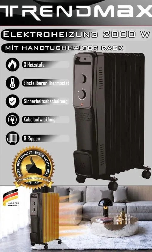 OlieKachel Elektrisch voor Binnen – Elektrische Verwarming - 2000 Watt – 3 Warmtestanden - Wit