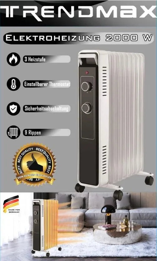 OlieKachel Elektrisch voor Binnen – Elektrische Verwarming - 2000 Watt – 3 Warmtestanden - Wit