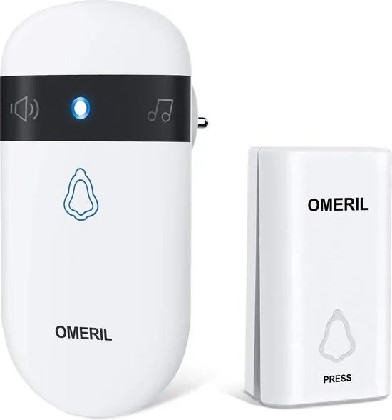 OMERIL Deurbel, draadloze deurbel, zonder batterij, waterdicht, met 5-traps volume (0 dB - 115 dB), 52 melodieën, deurbel draadloos, bereik 500 voet, 5 led-lichtsignaal