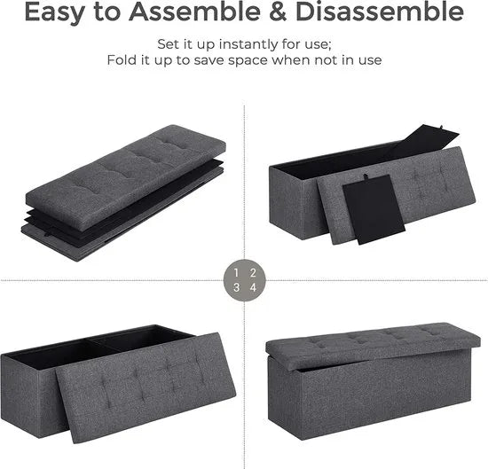 Opvouwbare Zitkist met Opbergruimte – 120L Inhoud – 300 kg Draagkracht – 110 x 38 x 38 cm – Imitatie Linnen – Donkergrijs – LSF77K
