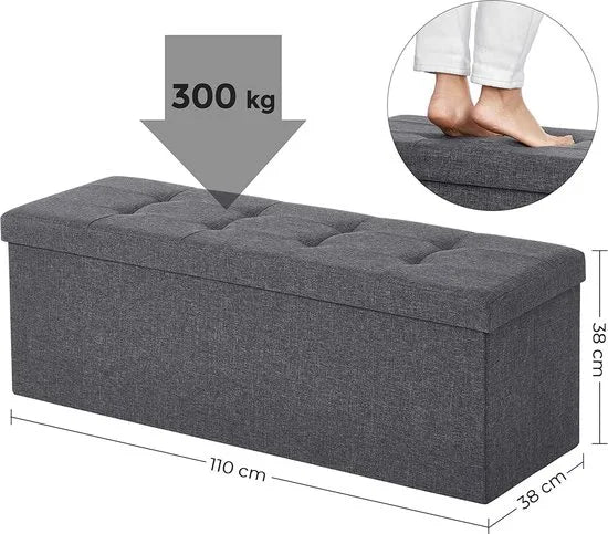 Opvouwbare Zitkist met Opbergruimte – 120L Inhoud – 300 kg Draagkracht – 110 x 38 x 38 cm – Imitatie Linnen – Donkergrijs – LSF77K