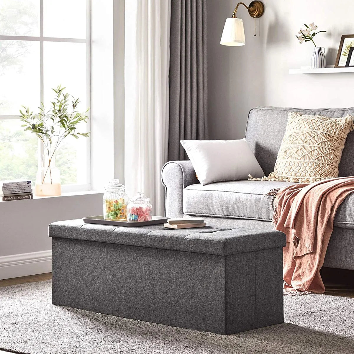 Opvouwbare Zitkist met Opbergruimte – 120L Inhoud – 300 kg Draagkracht – 110 x 38 x 38 cm – Imitatie Linnen – Donkergrijs – LSF77K