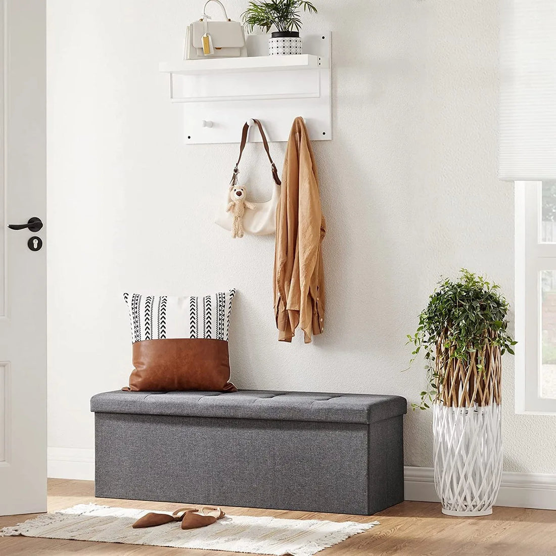 Opvouwbare Zitkist met Opbergruimte – 120L Inhoud – 300 kg Draagkracht – 110 x 38 x 38 cm – Imitatie Linnen – Donkergrijs – LSF77K