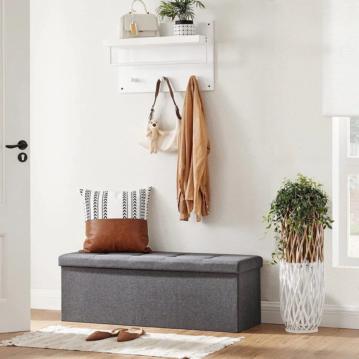Opvouwbare Zitkist met Opbergruimte – 120L Inhoud – 300 kg Draagkracht – 110 x 38 x 38 cm – Imitatie Linnen – Donkergrijs – LSF77K