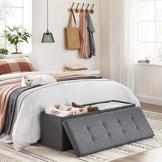 Opvouwbare Zitkist met Opbergruimte – 120L Inhoud – 300 kg Draagkracht – 110 x 38 x 38 cm – Imitatie Linnen – Donkergrijs – LSF77K