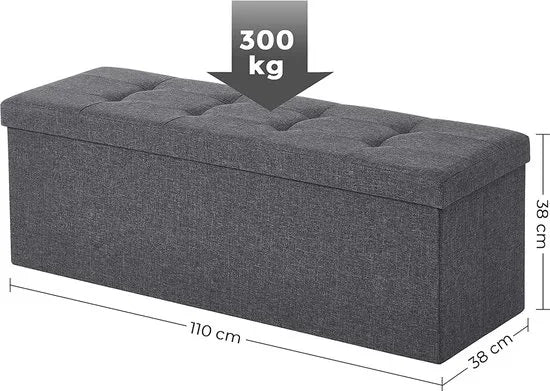 Opvouwbare Zitkist met Opbergruimte – 120L Inhoud – 300 kg Draagkracht – 110 x 38 x 38 cm – Imitatie Linnen – Donkergrijs – LSF77K