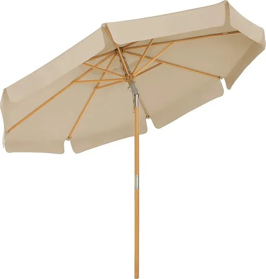 parasol 300 cm, achthoekige tuinparasol, zonwering, parasolstok en parasolribben van hout, opvouwbaar, zonder standaard, buiten, balkon, terras, taupe