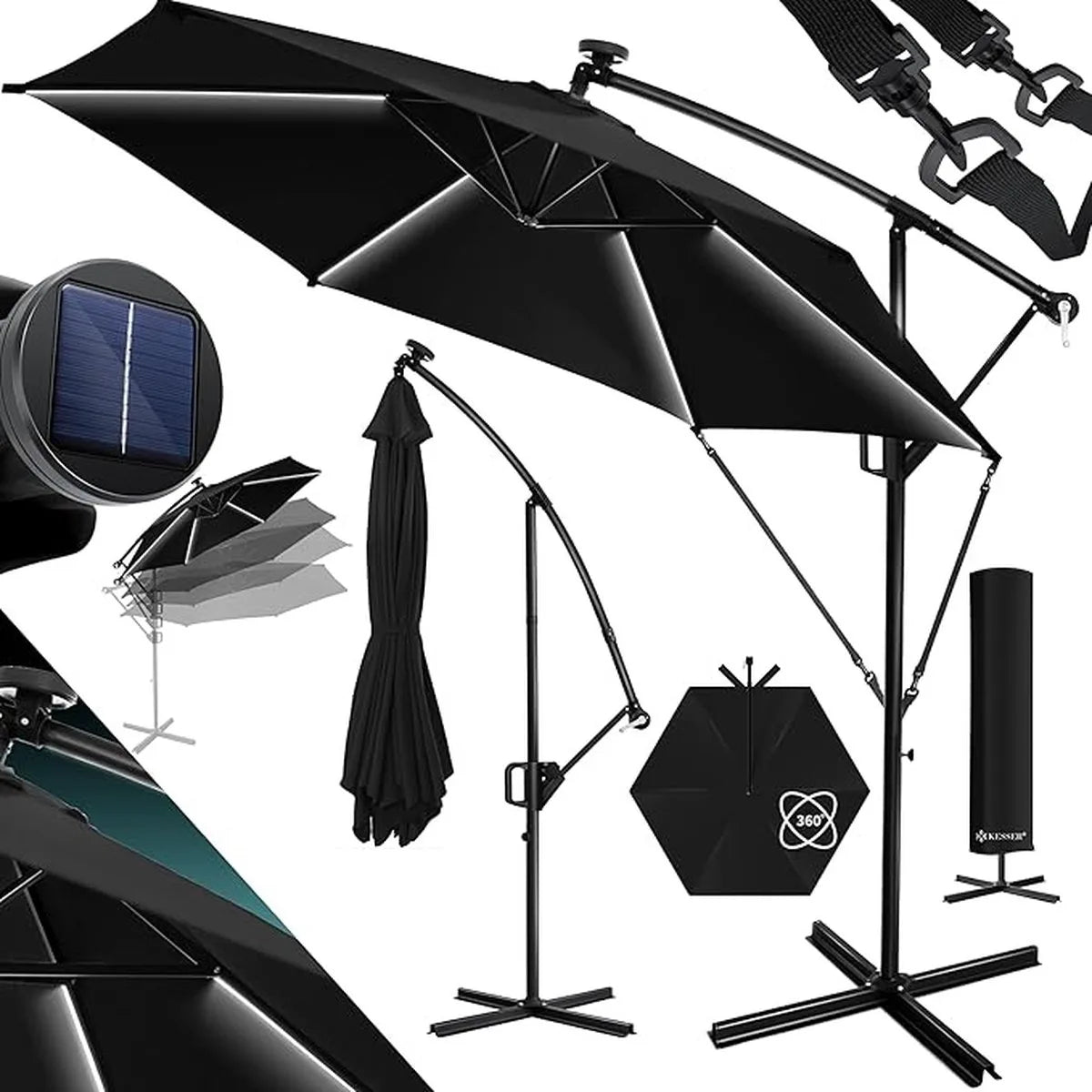 Parasol - aluminium drijvende parasol met hoes - Windscherm met slinger - UV-bescherming aluminium met aan/uit-schakelaar - waterbestendig - parasoltuin - paraplumarktscherm - Zwart