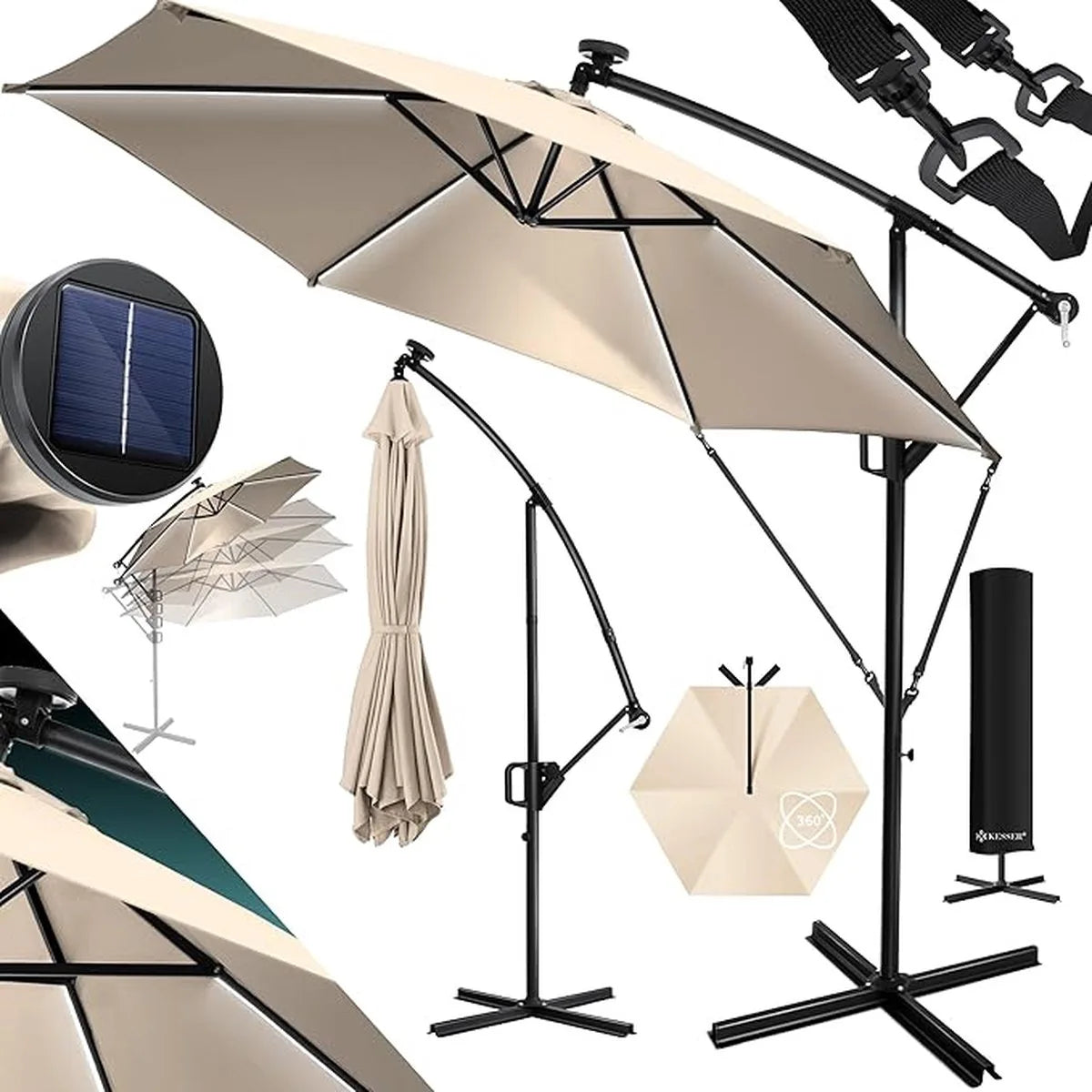 Parasol - aluminium drijvende parasol met hoes - Windscherm met slinger - UV-bescherming aluminium met aan/uit-schakelaar - waterbestendig - parasoltuin - paraplumarktscherm - Beige