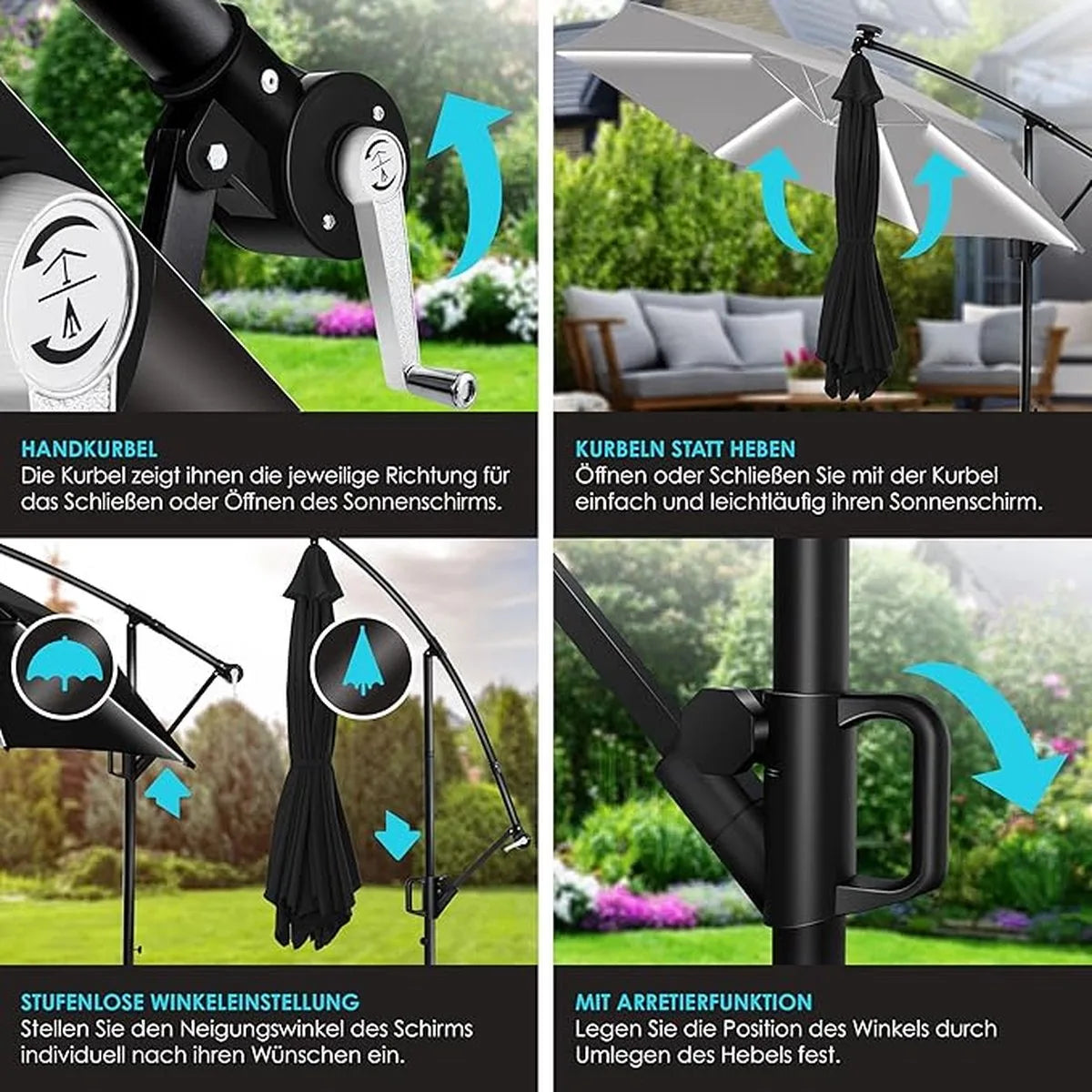 Parasol - aluminium drijvende parasol met hoes - Windscherm met slinger - UV-bescherming aluminium met aan/uit-schakelaar - waterbestendig - parasoltuin - paraplumarktscherm - Zwart