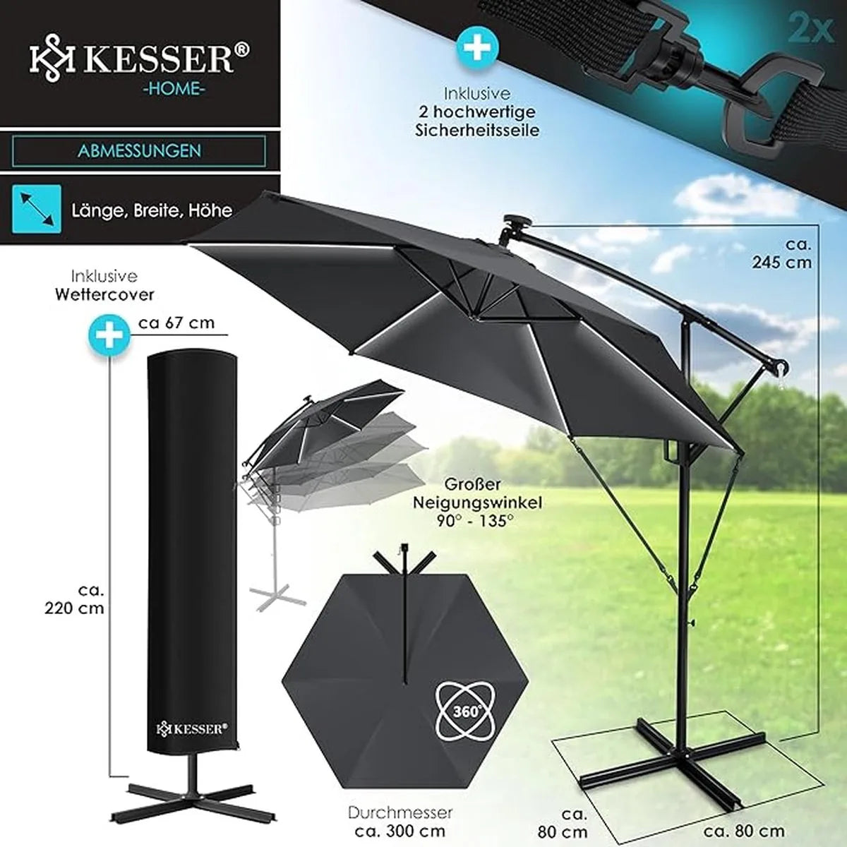 Parasol - aluminium drijvende parasol met hoes - Windscherm met slinger - UV-bescherming aluminium met aan/uit-schakelaar - waterbestendig - parasoltuin - paraplumarktscherm - Lichtgroen – Anthrazit