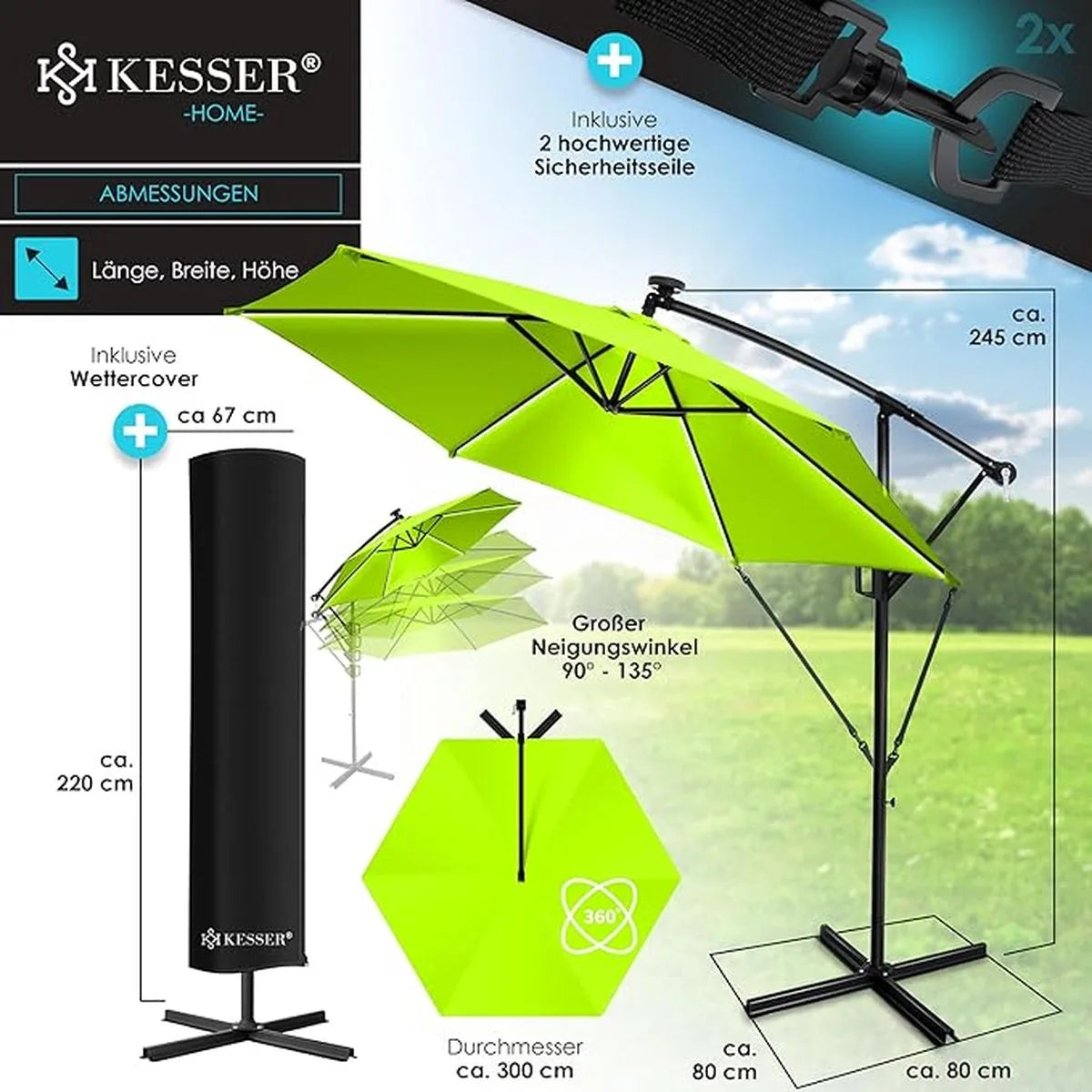 Parasol - aluminium drijvende parasol met hoes - Windscherm met slinger - UV-bescherming aluminium met aan/uit-schakelaar - waterbestendig - parasoltuin - paraplumarktscherm - Lichtgroen