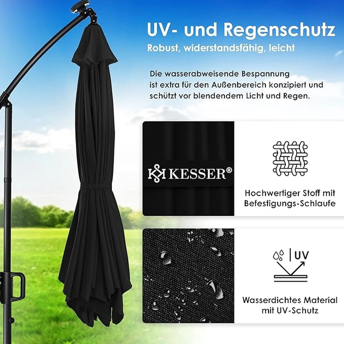 Parasol - aluminium drijvende parasol met hoes - Windscherm met slinger - UV-bescherming aluminium met aan/uit-schakelaar - waterbestendig - parasoltuin - paraplumarktscherm - Zwart