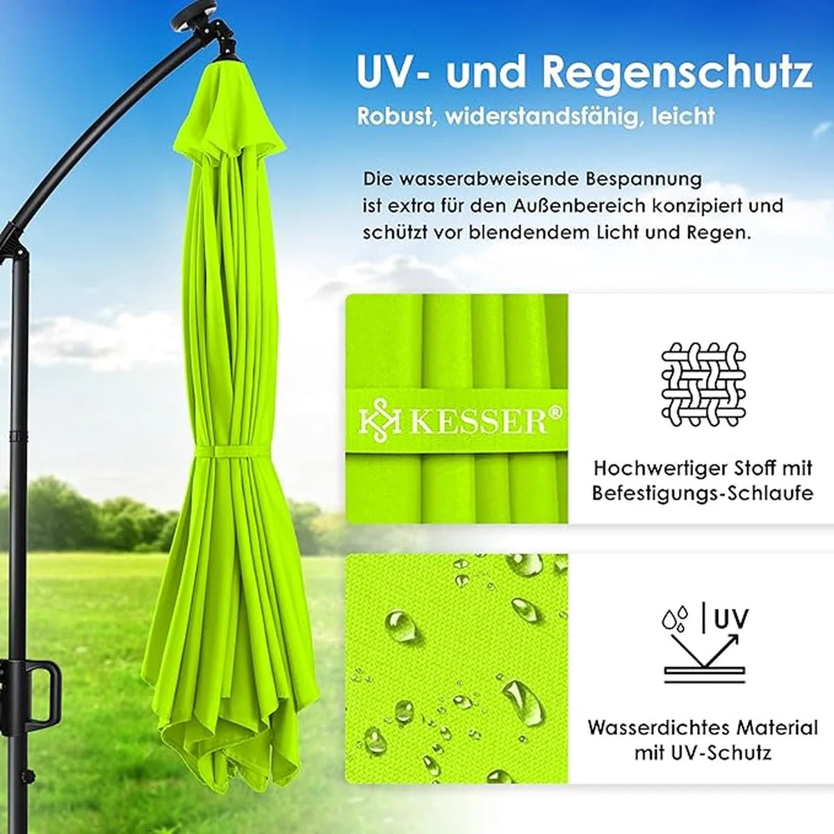 Parasol - aluminium drijvende parasol met hoes - Windscherm met slinger - UV-bescherming aluminium met aan/uit-schakelaar - waterbestendig - parasoltuin - paraplumarktscherm - Lichtgroen
