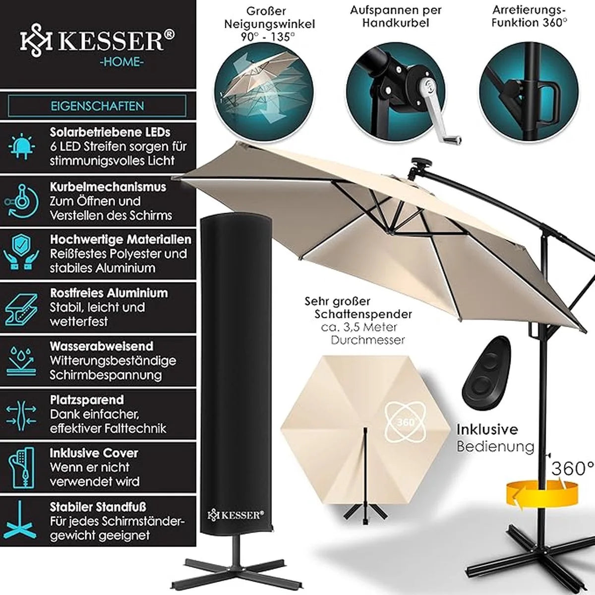 Parasol - aluminium drijvende parasol met hoes - Windscherm met slinger - UV-bescherming aluminium met aan/uit-schakelaar - waterbestendig - parasoltuin - paraplumarktscherm - Beige