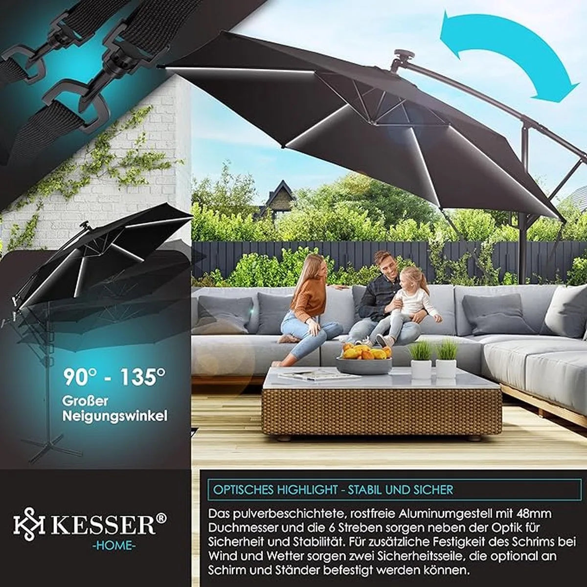 Parasol - aluminium drijvende parasol met hoes - Windscherm met slinger - UV-bescherming aluminium met aan/uit-schakelaar - waterbestendig - parasoltuin - paraplumarktscherm - Zwart
