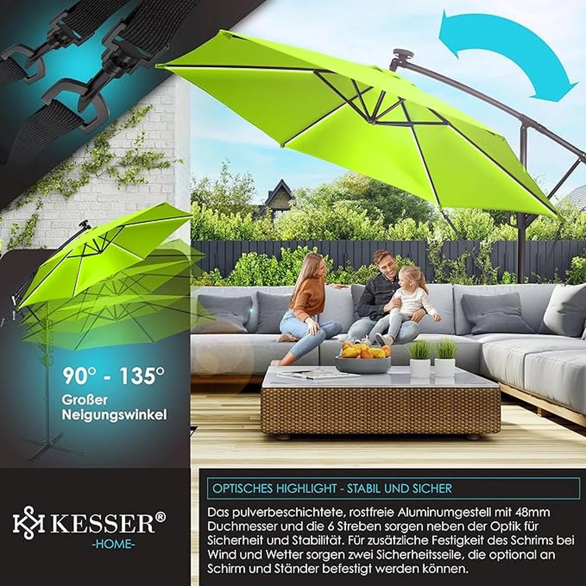 Parasol - aluminium drijvende parasol met hoes - Windscherm met slinger - UV-bescherming aluminium met aan/uit-schakelaar - waterbestendig - parasoltuin - paraplumarktscherm - Lichtgroen