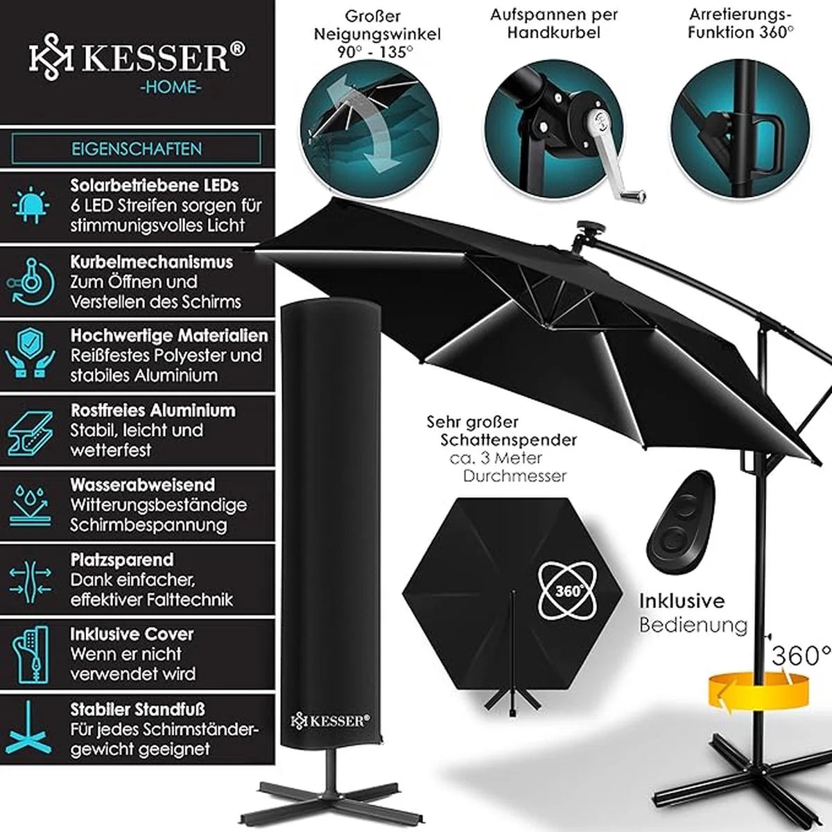 Parasol - aluminium drijvende parasol met hoes - Windscherm met slinger - UV-bescherming aluminium met aan/uit-schakelaar - waterbestendig - parasoltuin - paraplumarktscherm - Zwart