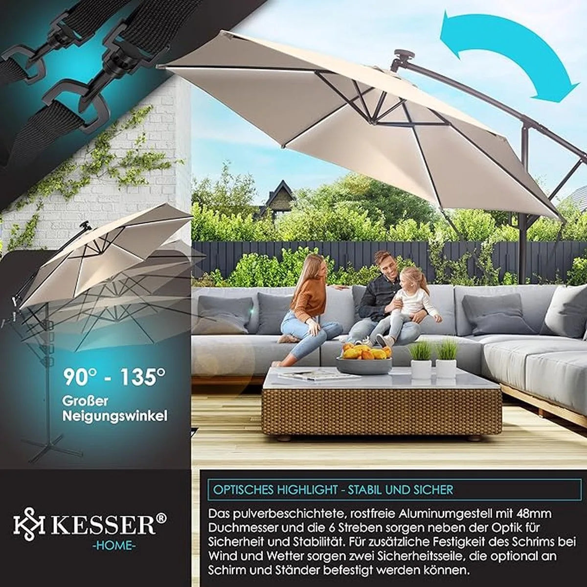 Parasol - aluminium drijvende parasol met hoes - Windscherm met slinger - UV-bescherming aluminium met aan/uit-schakelaar - waterbestendig - parasoltuin - paraplumarktscherm - Beige
