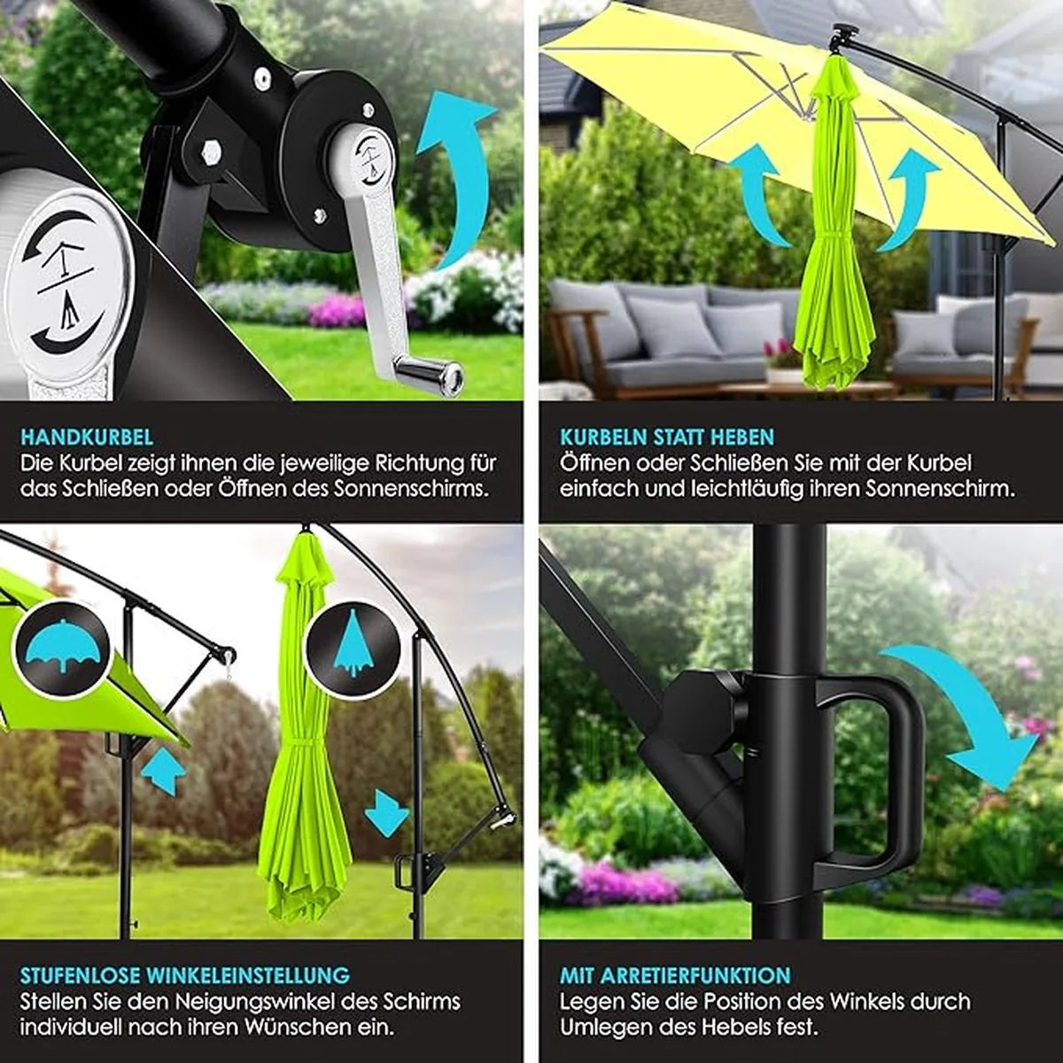 Parasol - aluminium drijvende parasol met hoes - Windscherm met slinger - UV-bescherming aluminium met aan/uit-schakelaar - waterbestendig - parasoltuin - paraplumarktscherm - Lichtgroen