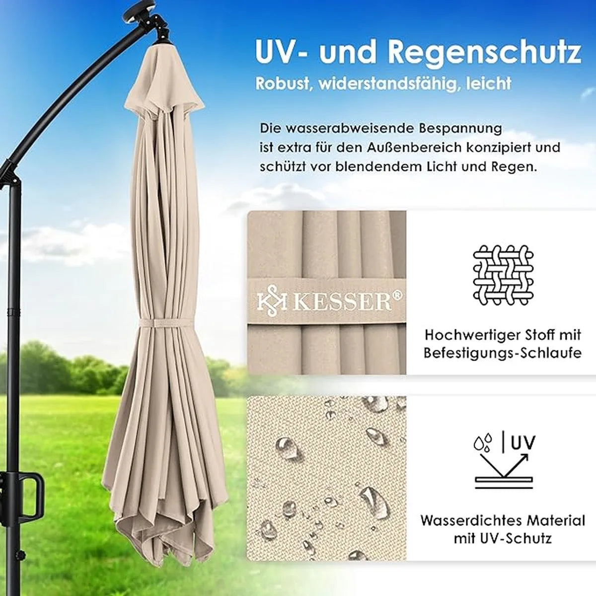Parasol - aluminium drijvende parasol met hoes - Windscherm met slinger - UV-bescherming aluminium met aan/uit-schakelaar - waterbestendig - parasoltuin - paraplumarktscherm - Beige