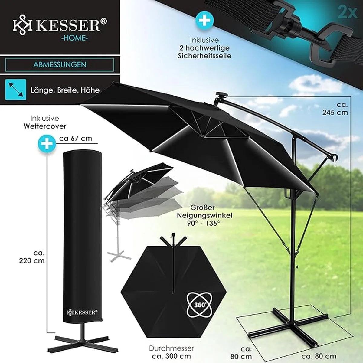Parasol - aluminium drijvende parasol met hoes - Windscherm met slinger - UV-bescherming aluminium met aan/uit-schakelaar - waterbestendig - parasoltuin - paraplumarktscherm - Zwart