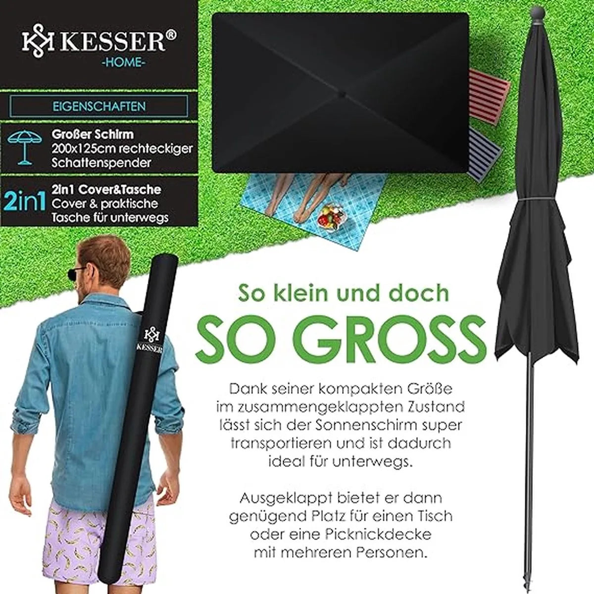Parasol Rechthoekig - 2 in 1 Hoes & Draagtas Tuinparasol Patioparasol -200 × 125cm - voor Balkon Tuin & Terras - Kantelhoek en Hoogte Verstelbaar
