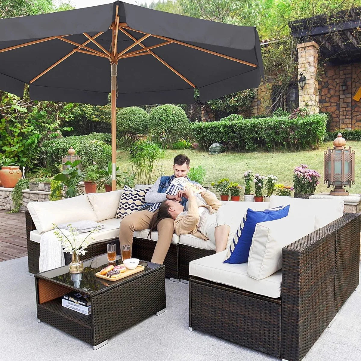Parasol - Rond - Knikbaar - Parasolribben van Hout - Licht Bruin – Zwart