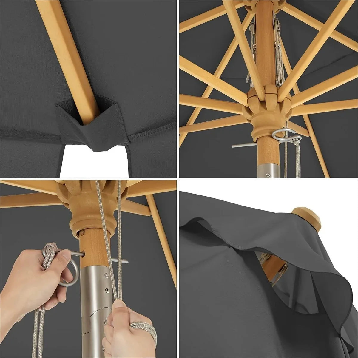 Parasol - Rond - Knikbaar - Parasolribben van Hout - Licht Bruin – Zwart