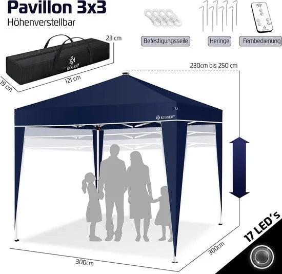 Partytent - Paviljoen - Tuintent - Partytent Opvouwbaar - 3x3 M - Easy Up - Vouwtent - Met Draagtas - Marineblauw