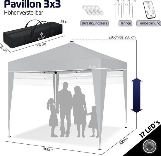 Partytent - Paviljoen - Tuintent - Partytent Opvouwbaar - 3x3 M - Easy Up - Vouwtent - Met Draagtas - Lichtgrijs