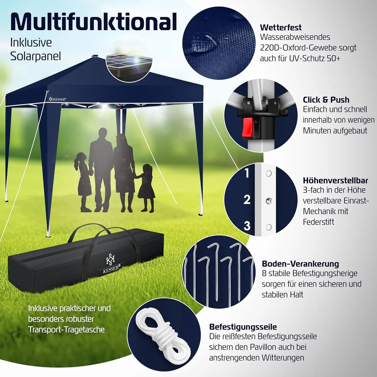 Partytent - Paviljoen - Tuintent - Partytent Opvouwbaar - 3x3 M - Easy Up - Vouwtent - Met Draagtas - Marineblauw