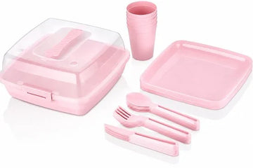 Picknickset voor 6 personen - Picnic set - Piknikset - Inclusief 32 aparte stuks (messen+vorken+lepels+borden) - Roze