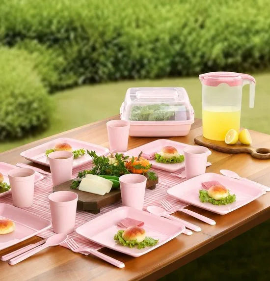 Picknickset voor 6 personen - Picnic set - Piknikset - Inclusief 32 aparte stuks (messen+vorken+lepels+borden) - Roze