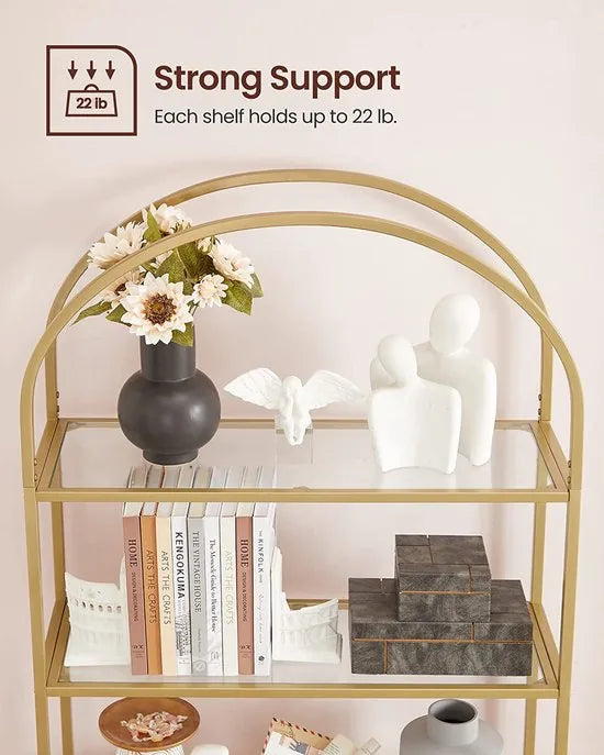 plank 5 niveaus boekenkast gehard glas staand rek opbergplank gebogen metalen structuur voor woonkamer, slaapkamer, studeerbadkamer, gouden kleur