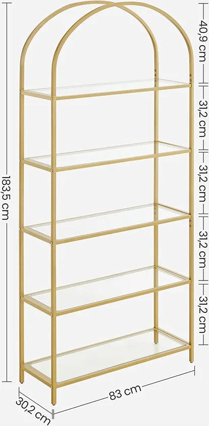 plank 5 niveaus boekenkast gehard glas staand rek opbergplank gebogen metalen structuur voor woonkamer, slaapkamer, studeerbadkamer, gouden kleur
