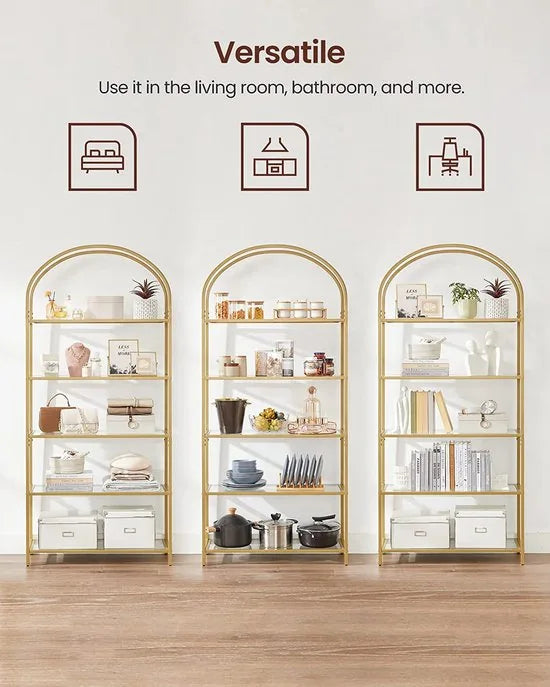 plank 5 niveaus boekenkast gehard glas staand rek opbergplank gebogen metalen structuur voor woonkamer, slaapkamer, studeerbadkamer, gouden kleur