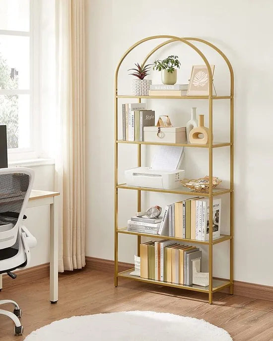 plank 5 niveaus boekenkast gehard glas staand rek opbergplank gebogen metalen structuur voor woonkamer, slaapkamer, studeerbadkamer, gouden kleur