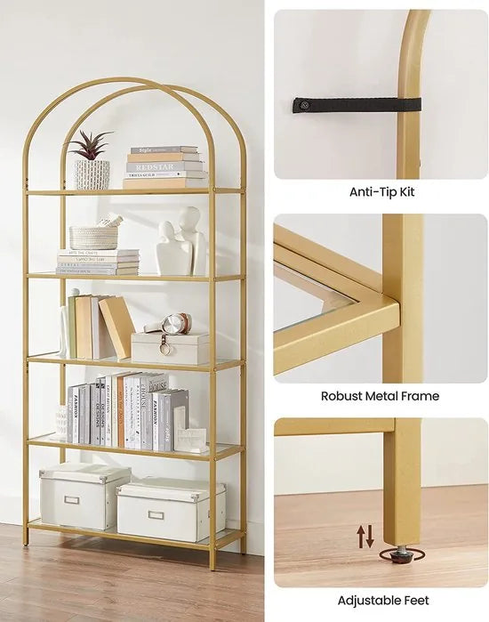 plank 5 niveaus boekenkast gehard glas staand rek opbergplank gebogen metalen structuur voor woonkamer, slaapkamer, studeerbadkamer, gouden kleur