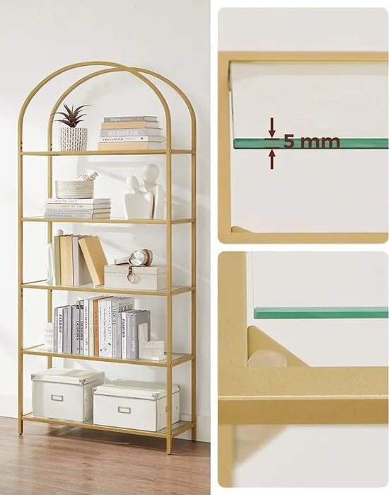 plank 5 niveaus boekenkast gehard glas staand rek opbergplank gebogen metalen structuur voor woonkamer, slaapkamer, studeerbadkamer, gouden kleur