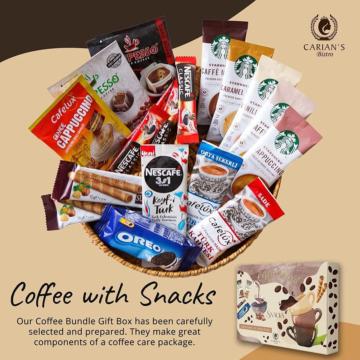 Premium Instant Coffee Hamper Box - Cappucino, Mocha, Caramel & Vanilla Latte - Met Heerlijke Godiva Caramel Chocolade Cadeau Idee Voor Koffieliefhebbers (Koffie & Koekjes)