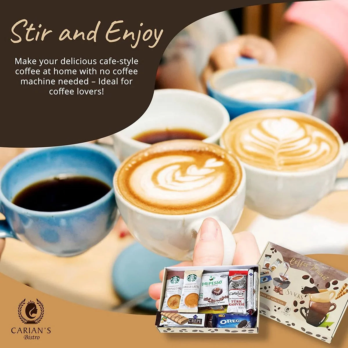 Premium Instant Coffee Hamper Box - Cappucino, Mocha, Caramel & Vanilla Latte - Met Heerlijke Godiva Caramel Chocolade Cadeau Idee Voor Koffieliefhebbers (Koffie & Koekjes)