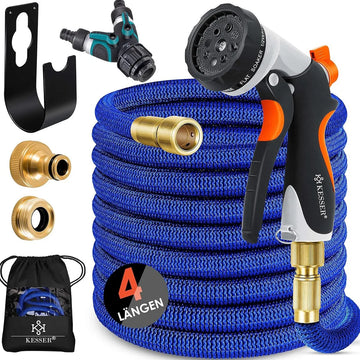 Premium tuinslang - verlengde muurbevestiging - flexibele waterslang met 3-weg - latex kern rekbaar - flexibele slangschroefverbindingen - gemaakt van hoogwaardig messing - 30 meter - Blauw