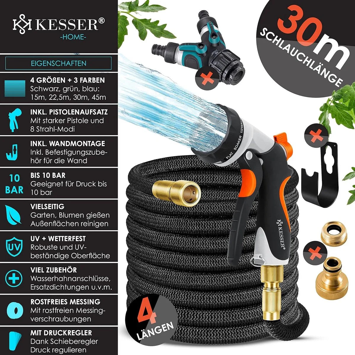 Premium tuinslang - verlengde muurbevestiging - flexibele waterslang met 3-weg - latex kern rekbaar - flexibele slangschroefverbindingen - gemaakt van hoogwaardig messing - 30 meter - Blauw